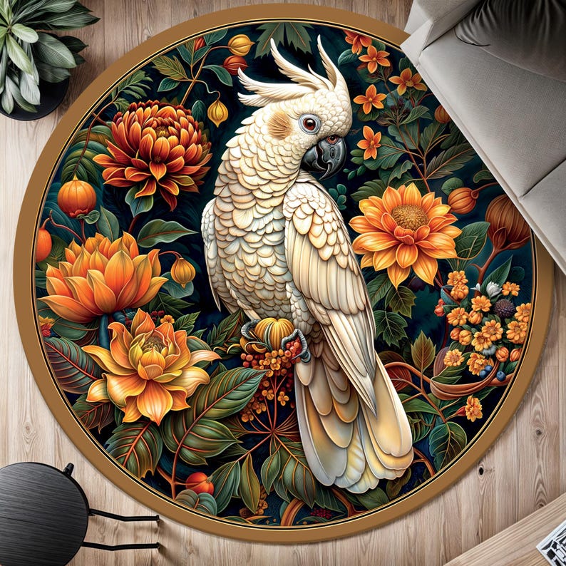 Okrągły Dywan do Salonu, Sypialni 120cm Poliester PAPUGA Kwiaty Dekoracyjny - obrazek 2